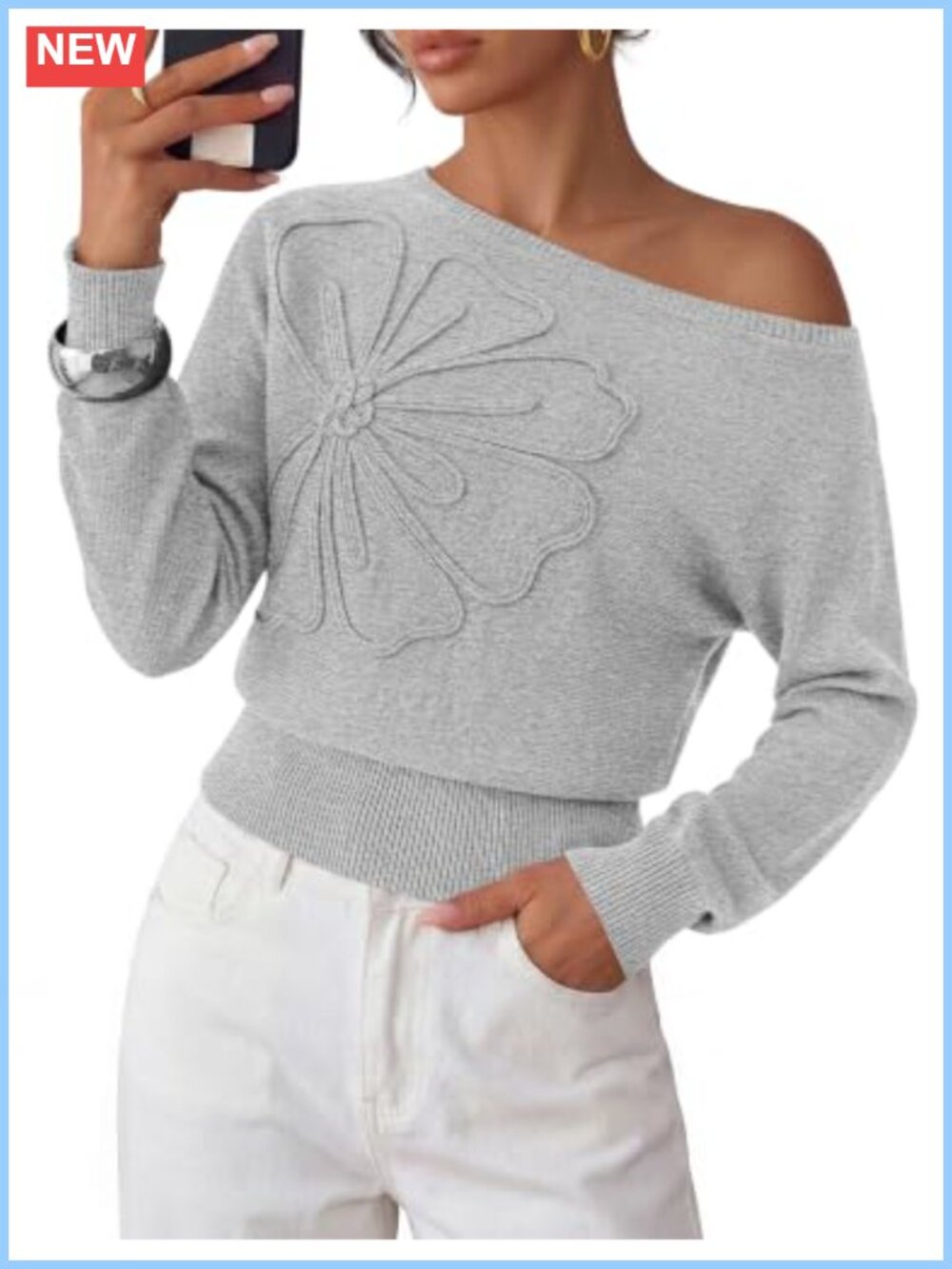 Off Shoulder Sweater Convertible Boat Neck 3D Flower Knit Pullover